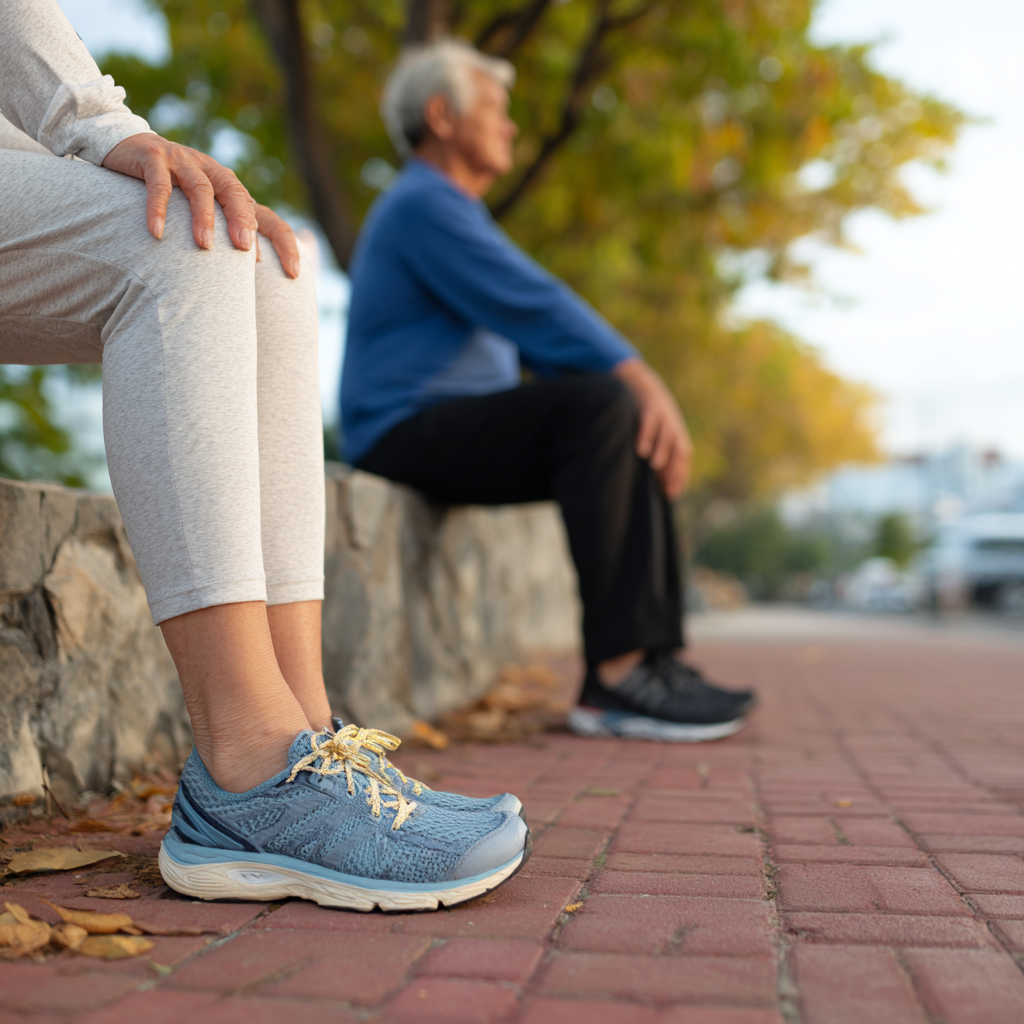 Middle-aged adults practicing gentle foot exercises outdoors