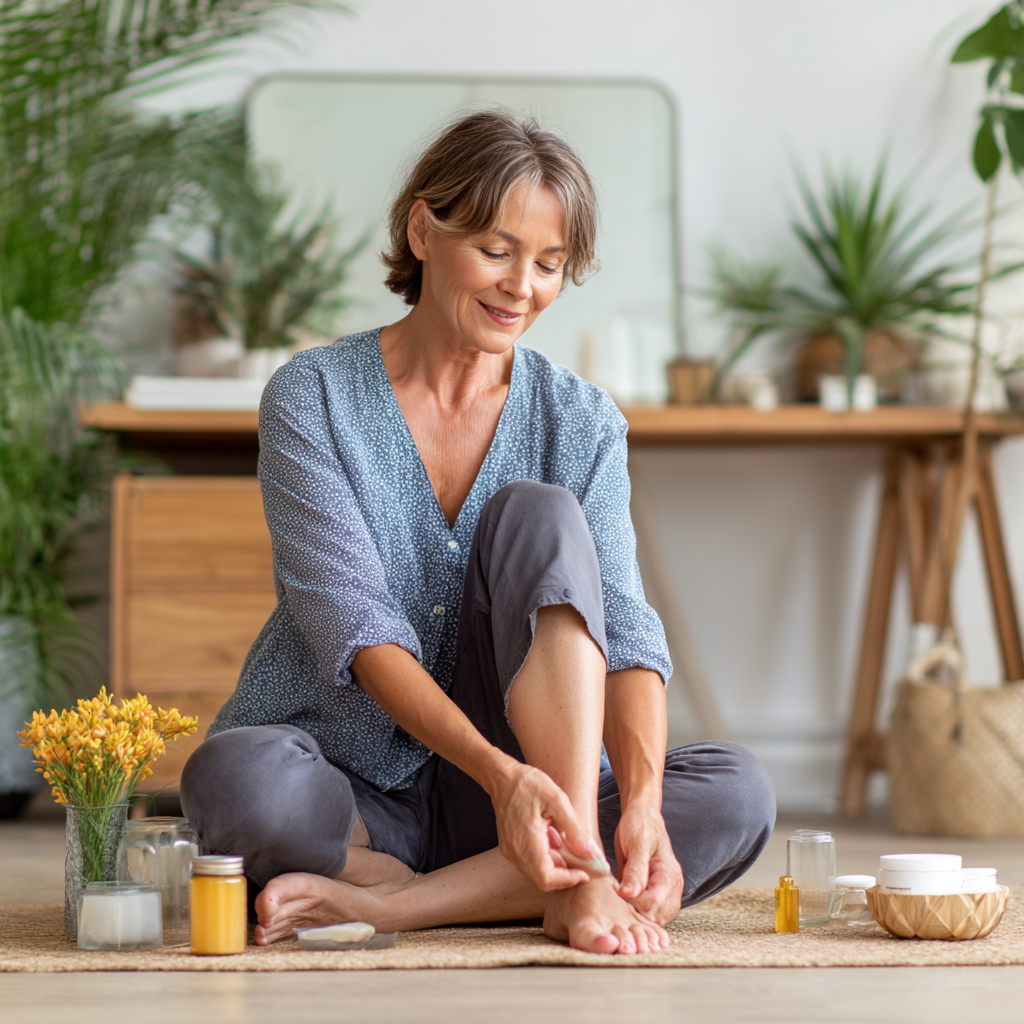 Middle-aged woman practicing holistic foot care routine in serene home environment