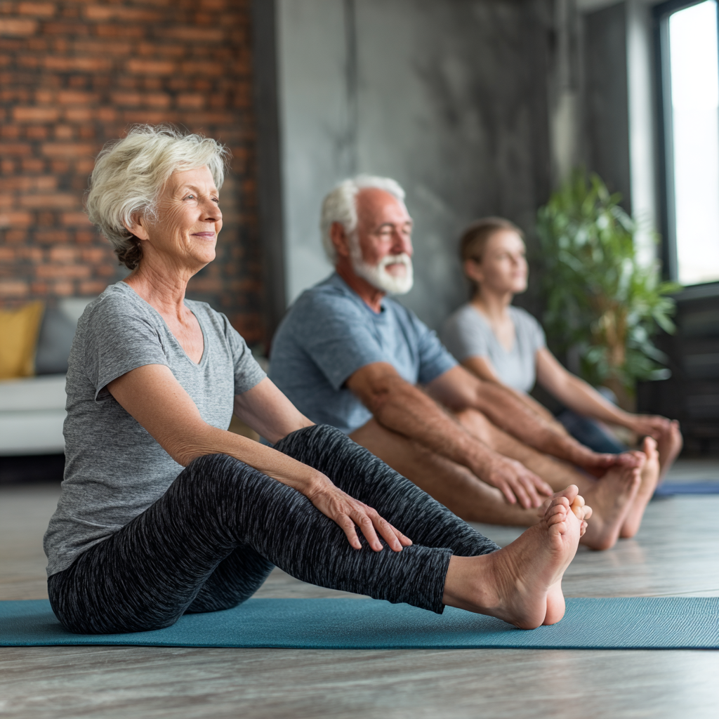 Older adults demonstrating foot mobility exercises in comfortable indoor setting